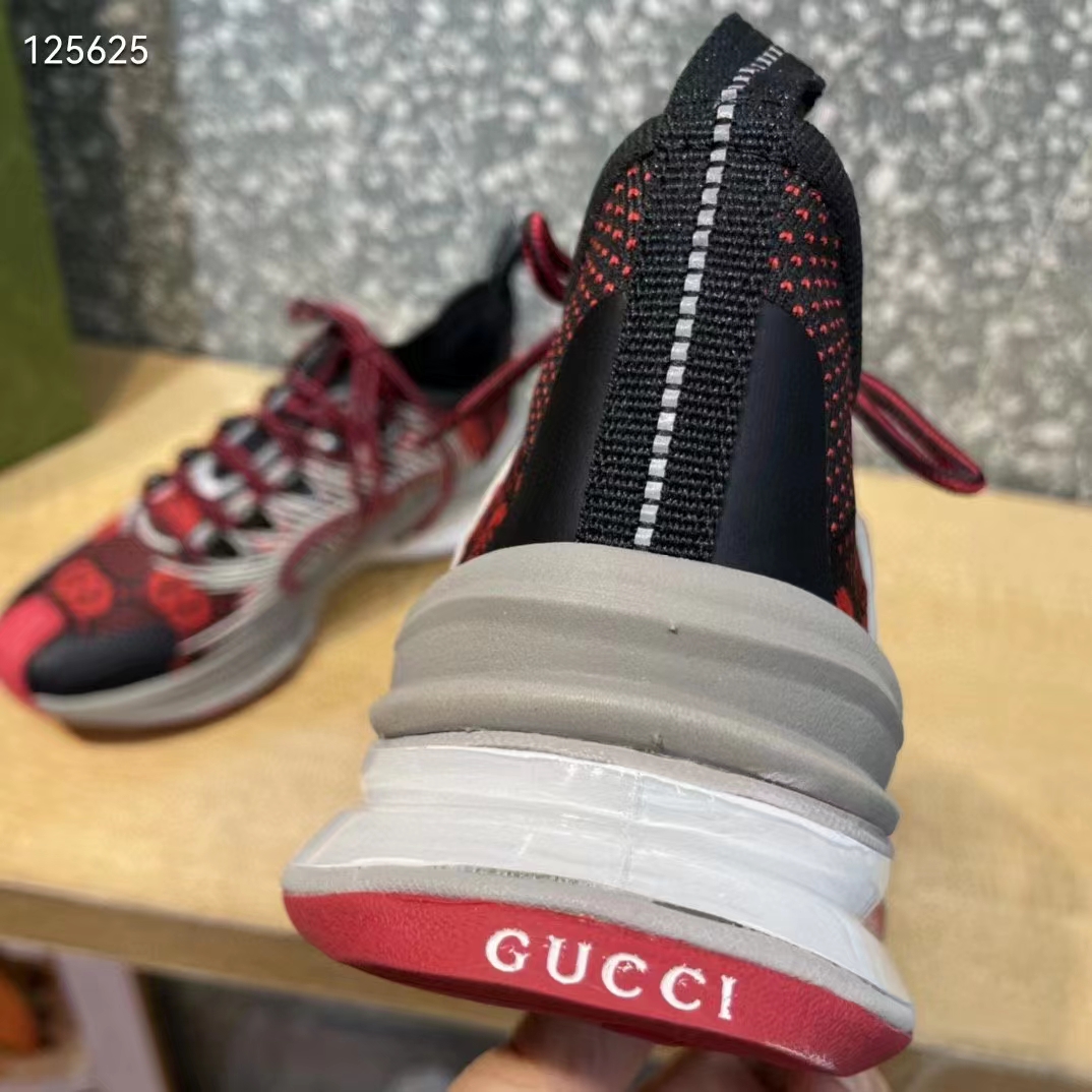 Gucci Unisex Run Sneaker Black Red GG Technical Knit Fabric Interlocking G Rubber