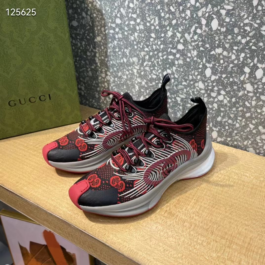 Gucci Unisex Run Sneaker Black Red GG Technical Knit Fabric Interlocking G Rubber