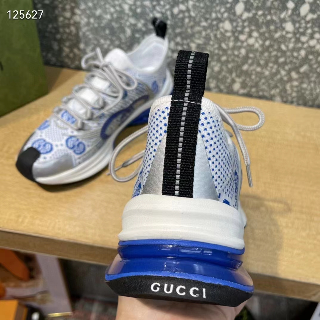 Gucci Unisex Run Sneaker White Blue GG Technical Knit Fabric Interlocking G Rubber