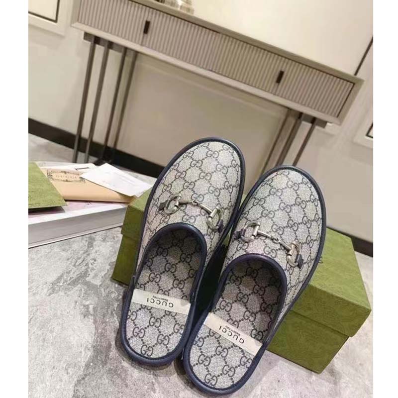 Gucci Unisex Slipper Horsebit Blue Beige GG Supreme Canvas Horsebit Rubber Low Heel