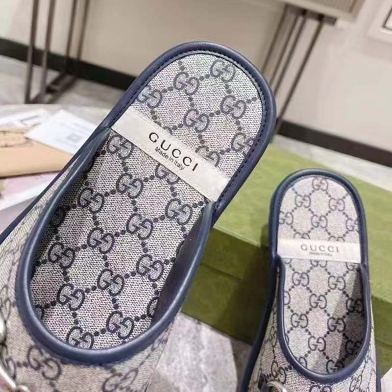 Gucci Unisex Slipper Horsebit Blue Beige GG Supreme Canvas Horsebit Rubber Low Heel