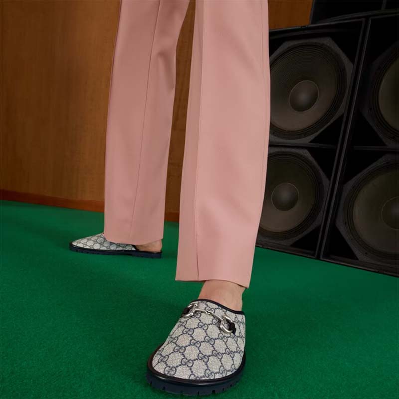 Gucci Unisex Slipper Horsebit Blue Beige GG Supreme Canvas Horsebit Rubber Low Heel