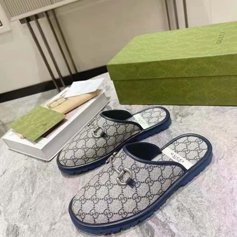 Gucci Unisex Slipper Horsebit Blue Beige GG Supreme Canvas Horsebit Rubber Low Heel