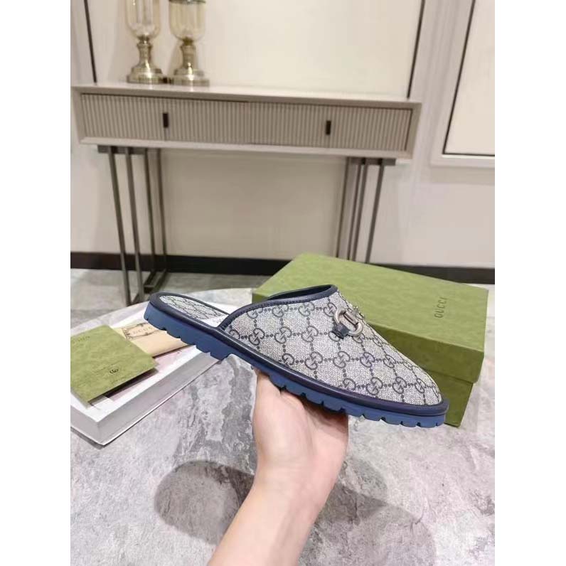 Gucci Unisex Slipper Horsebit Blue Beige GG Supreme Canvas Horsebit Rubber Low Heel