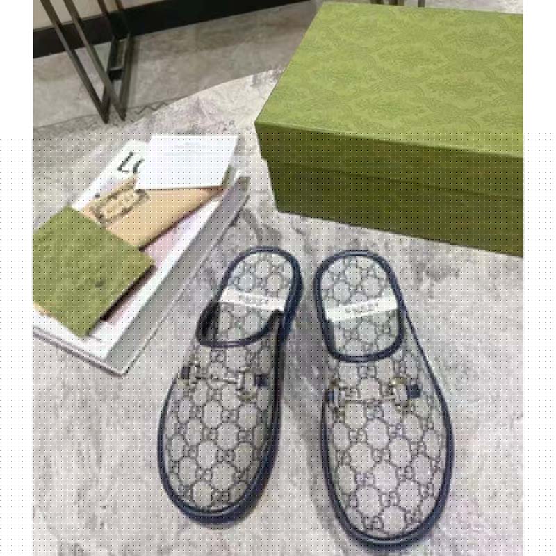Gucci Unisex Slipper Horsebit Blue Beige GG Supreme Canvas Horsebit Rubber Low Heel