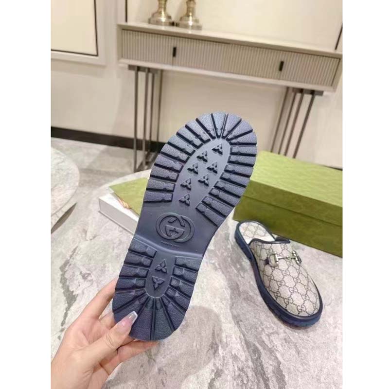 Gucci Unisex Slipper Horsebit Blue Beige GG Supreme Canvas Horsebit Rubber Low Heel