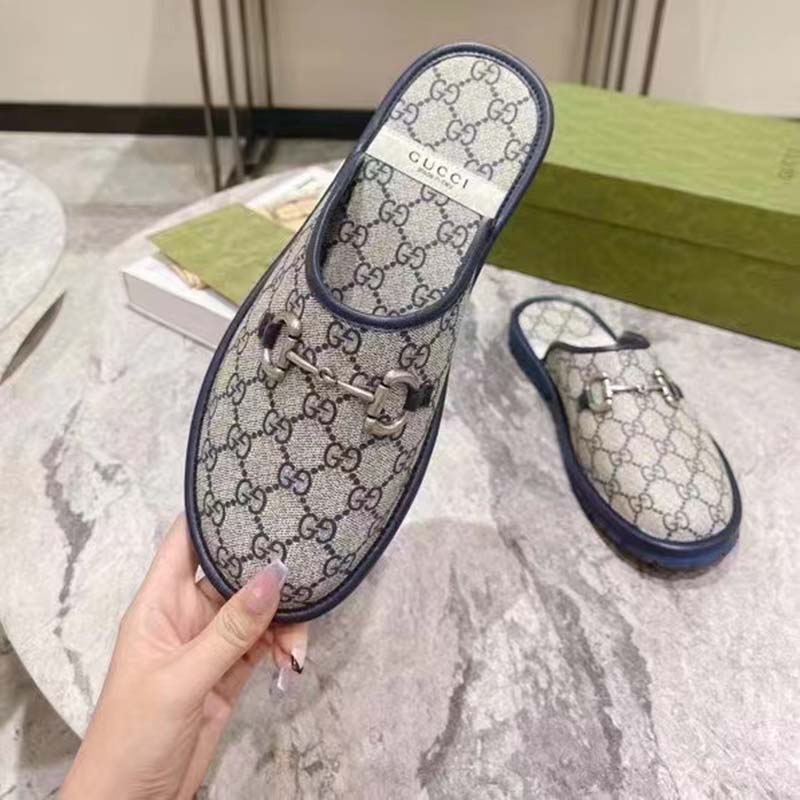 Gucci Unisex Slipper Horsebit Blue Beige GG Supreme Canvas Horsebit Rubber Low Heel