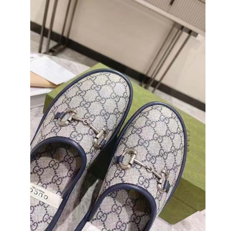 Gucci Unisex Slipper Horsebit Blue Beige GG Supreme Canvas Horsebit Rubber Low Heel