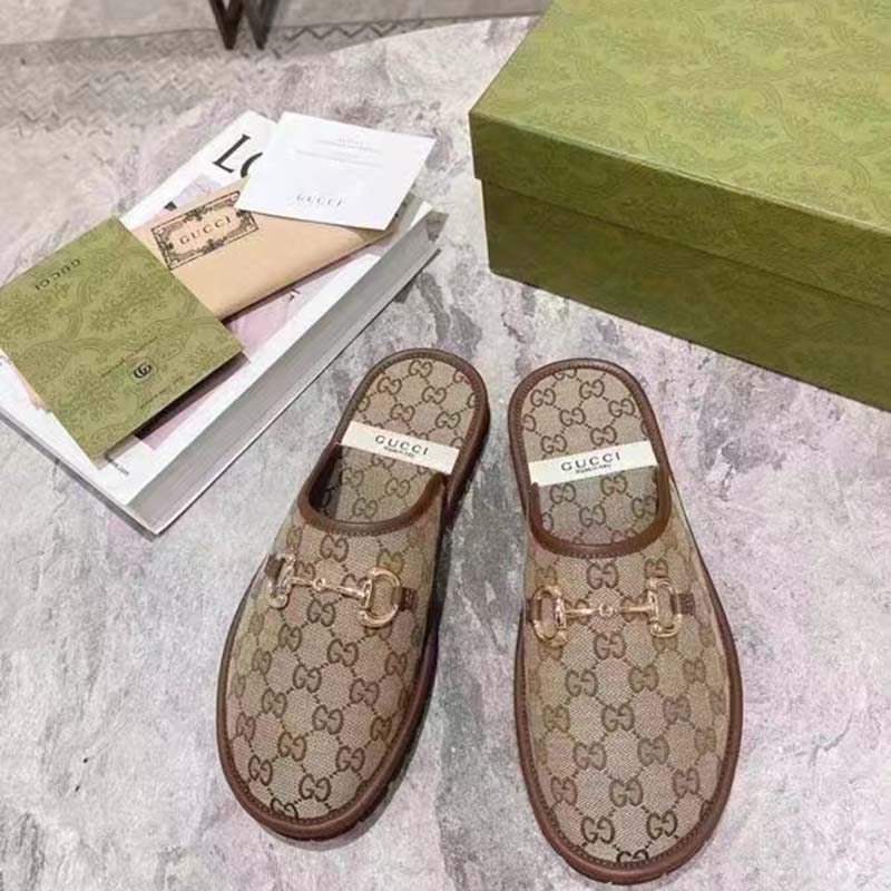 Gucci Unisex Slipper with Horsebit GG Supreme Canvas Gold-Toned Hardware