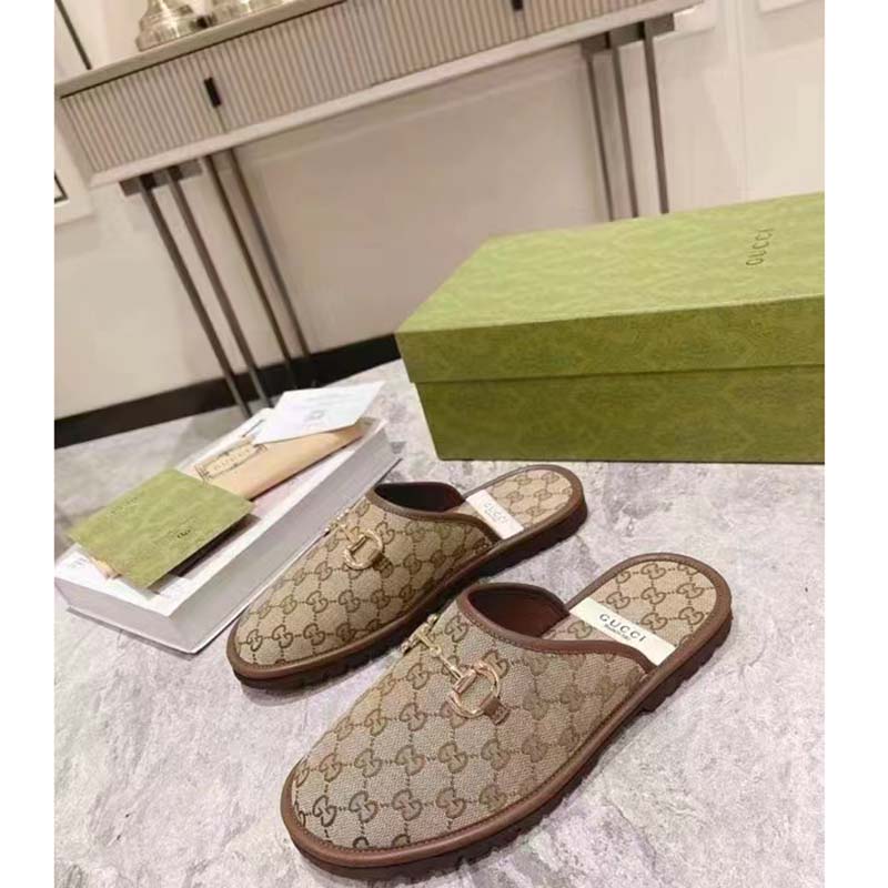 Gucci Unisex Slipper with Horsebit GG Supreme Canvas Gold-Toned Hardware