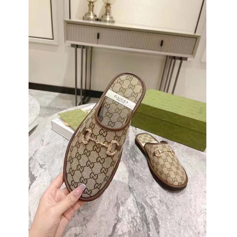 Gucci Unisex Slipper with Horsebit GG Supreme Canvas Gold-Toned Hardware