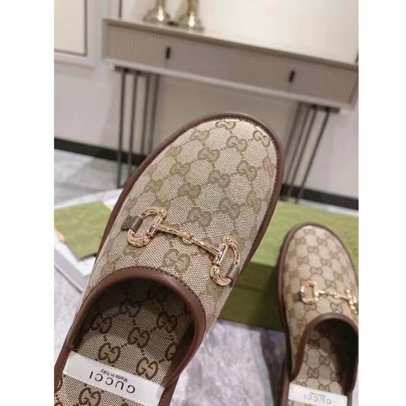 Gucci Unisex Slipper with Horsebit GG Supreme Canvas Gold-Toned Hardware