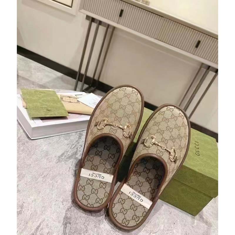 Gucci Unisex Slipper with Horsebit GG Supreme Canvas Gold-Toned Hardware