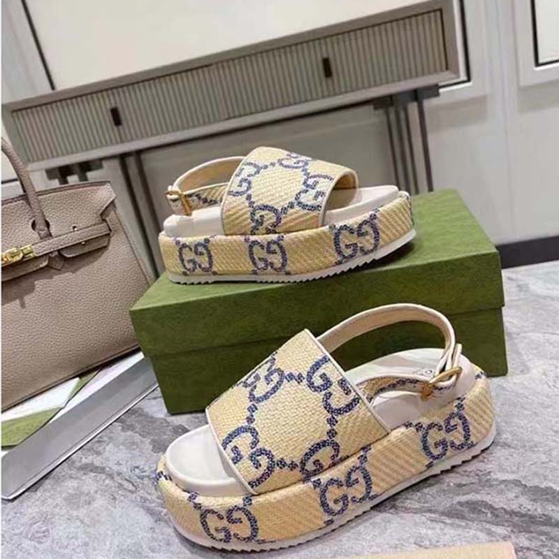 Gucci Women GG Platform Sandal Beige Light Blue GG Raffia Effect Fabric