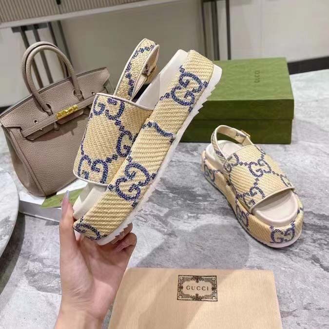 Gucci Women GG Platform Sandal Beige Light Blue GG Raffia Effect Fabric