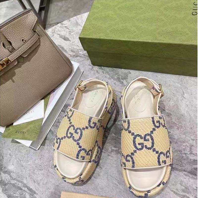 Gucci Women GG Platform Sandal Beige Light Blue GG Raffia Effect Fabric