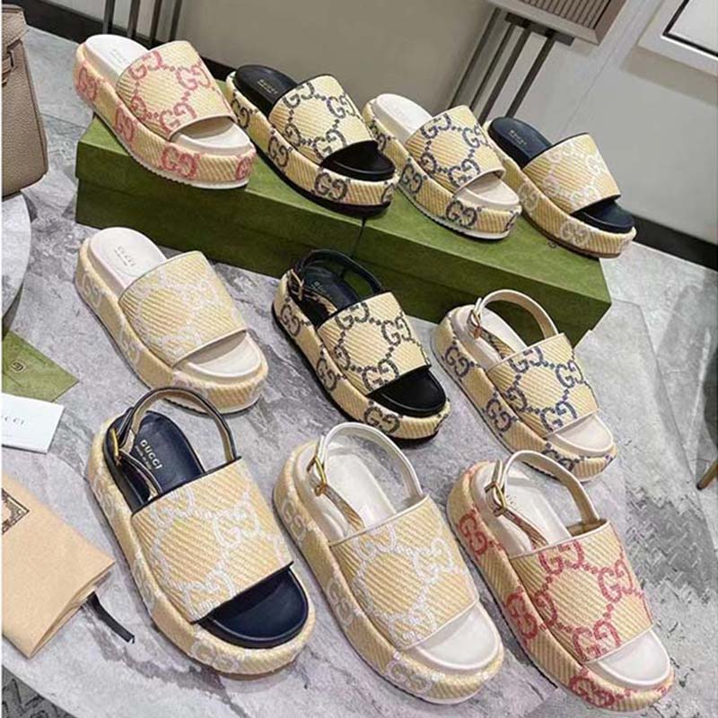 Gucci Women GG Platform Sandal Beige Light Blue GG Raffia Effect Fabric