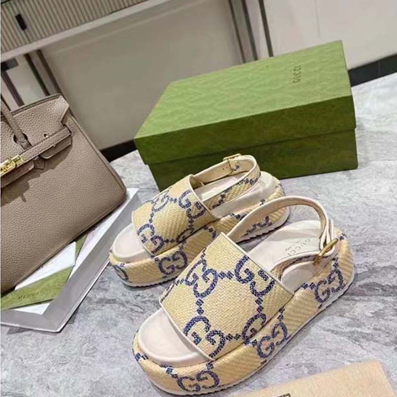 Gucci Women GG Platform Sandal Beige Light Blue GG Raffia Effect Fabric