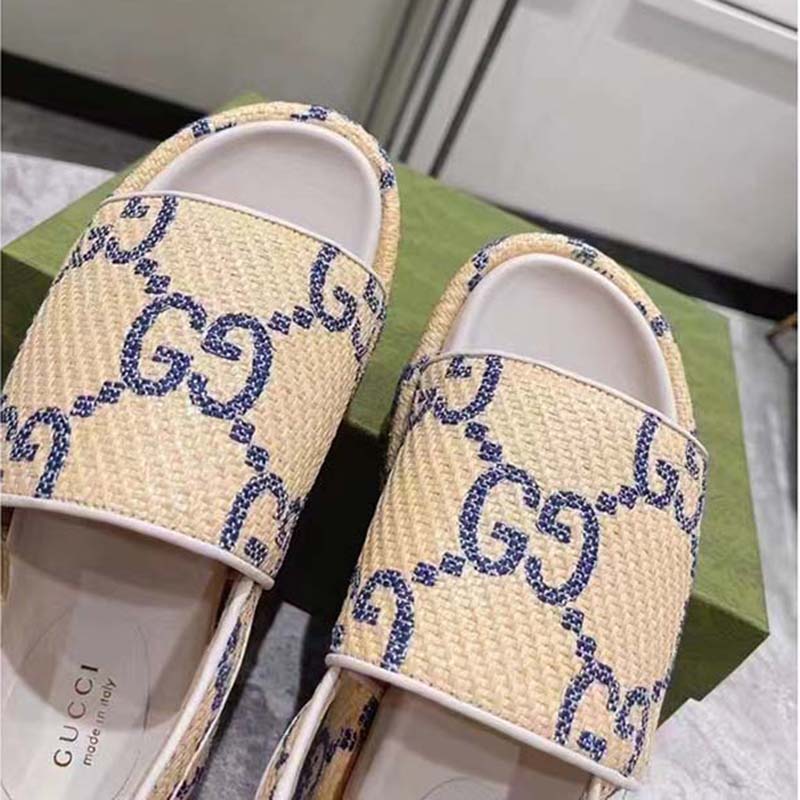 Gucci Women GG Platform Sandal Beige Light Blue GG Raffia Effect Fabric