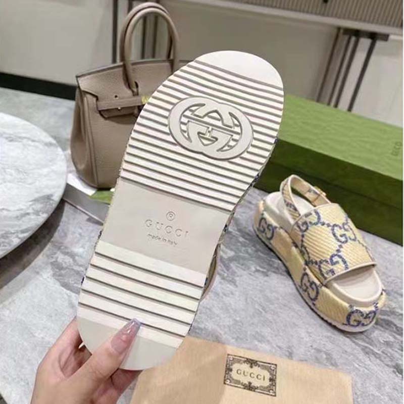 Gucci Women GG Platform Sandal Beige Light Blue GG Raffia Effect Fabric