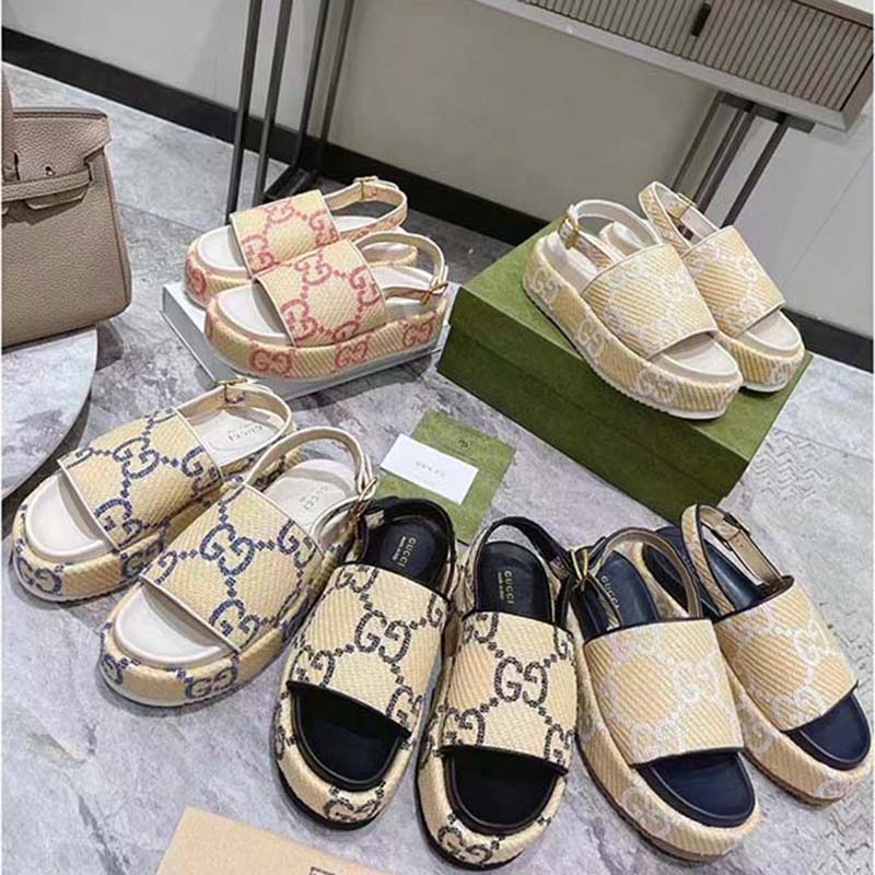 Gucci Women GG Platform Sandal Beige Light Blue GG Raffia Effect Fabric