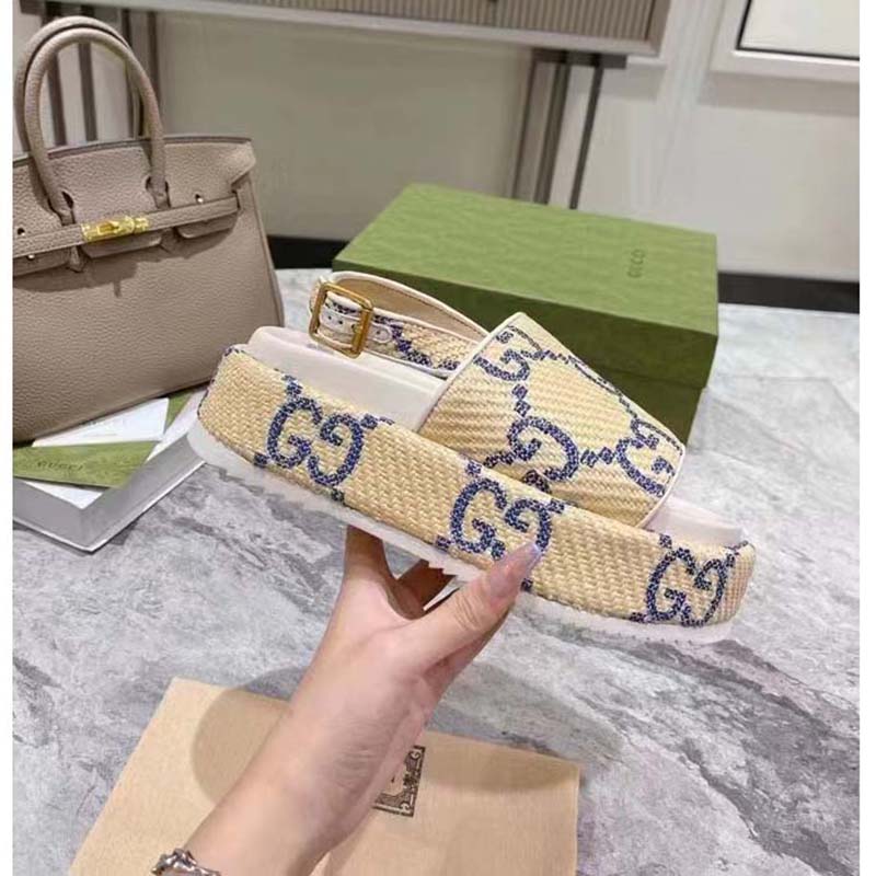 Gucci Women GG Platform Sandal Beige Light Blue GG Raffia Effect Fabric