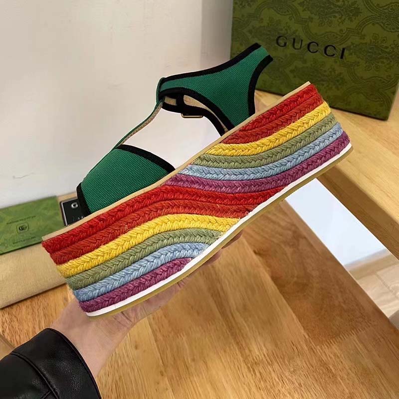 Gucci Women GG Platform Sandals Green Cotton Double G Embroidery 4 Cm Heel
