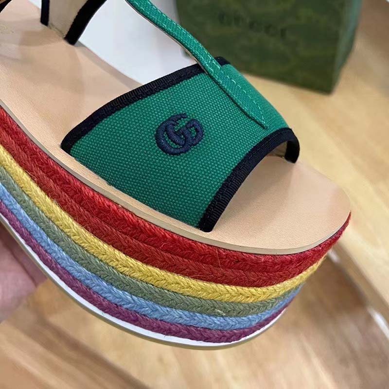 Gucci Women GG Platform Sandals Green Cotton Double G Embroidery 4 Cm Heel