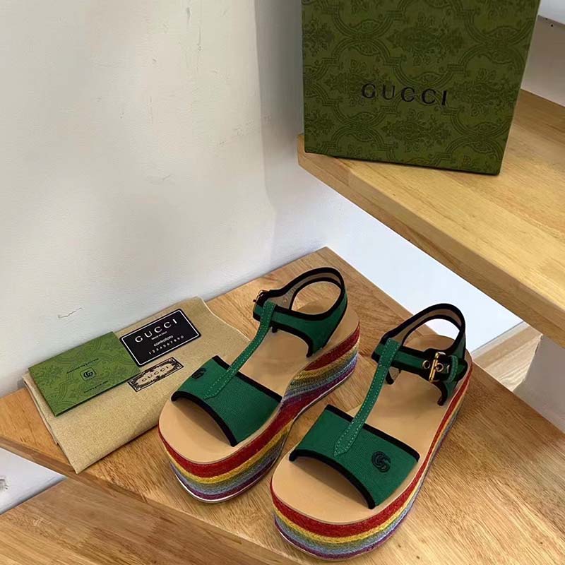 Gucci Women GG Platform Sandals Green Cotton Double G Embroidery 4 Cm Heel