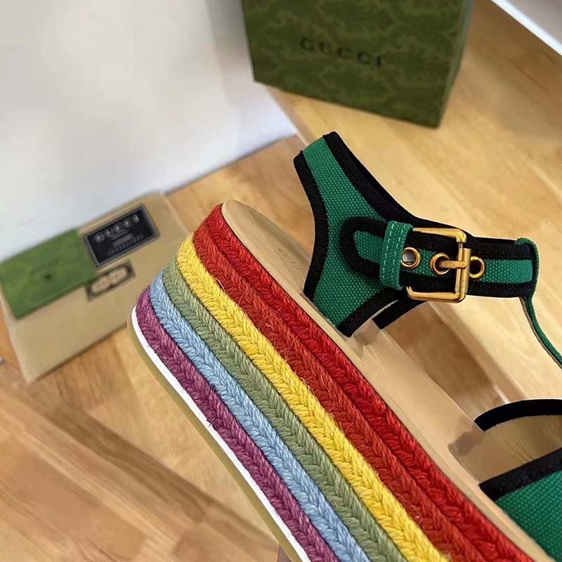 Gucci Women GG Platform Sandals Green Cotton Double G Embroidery 4 Cm Heel