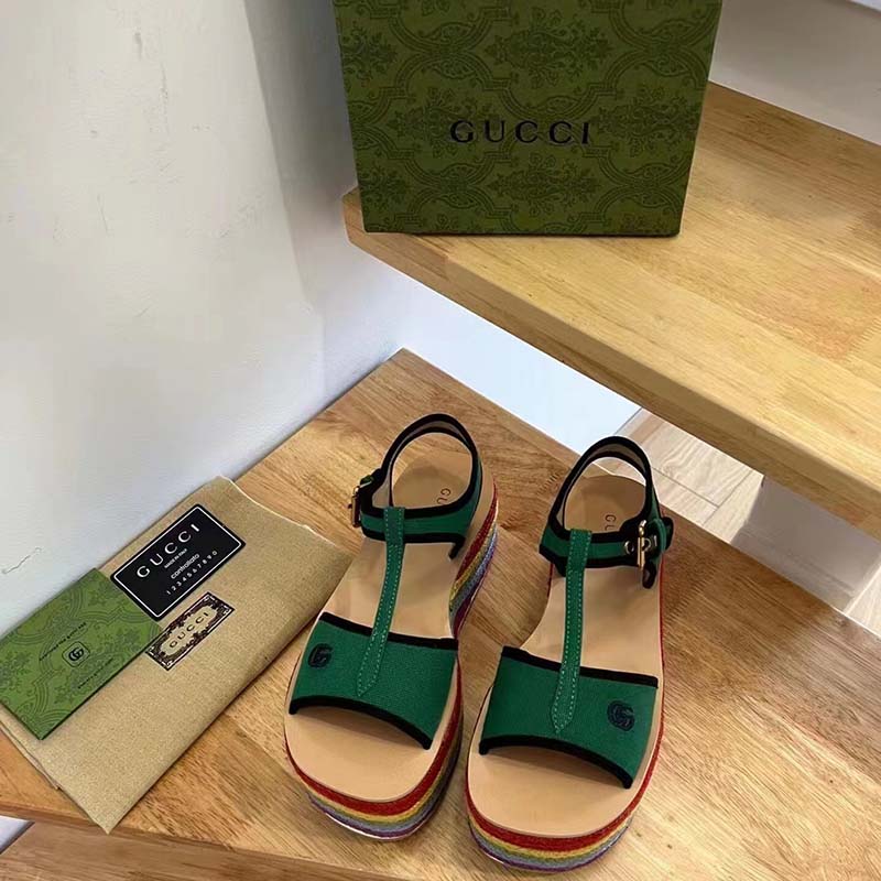 Gucci Women GG Platform Sandals Green Cotton Double G Embroidery 4 Cm Heel