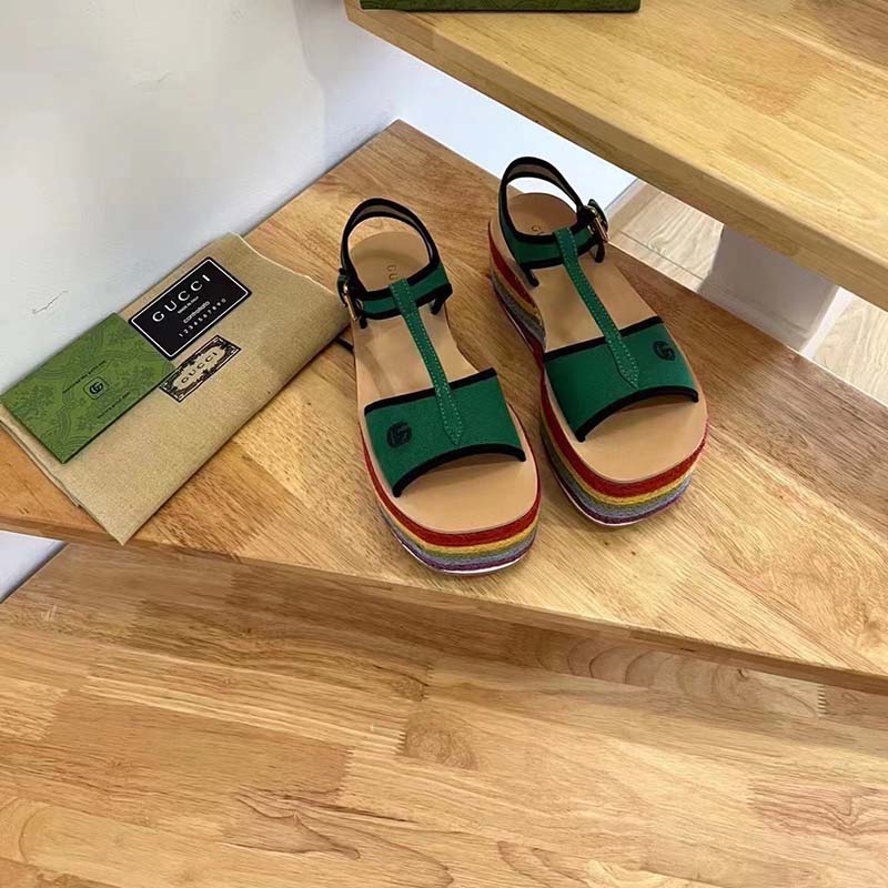 Gucci Women GG Platform Sandals Green Cotton Double G Embroidery 4 Cm Heel