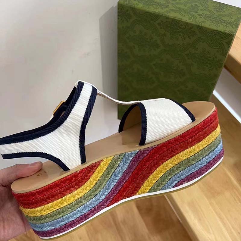 Gucci Women GG Platform Sandals White Cotton Double G Embroidery 7 Cm Heel
