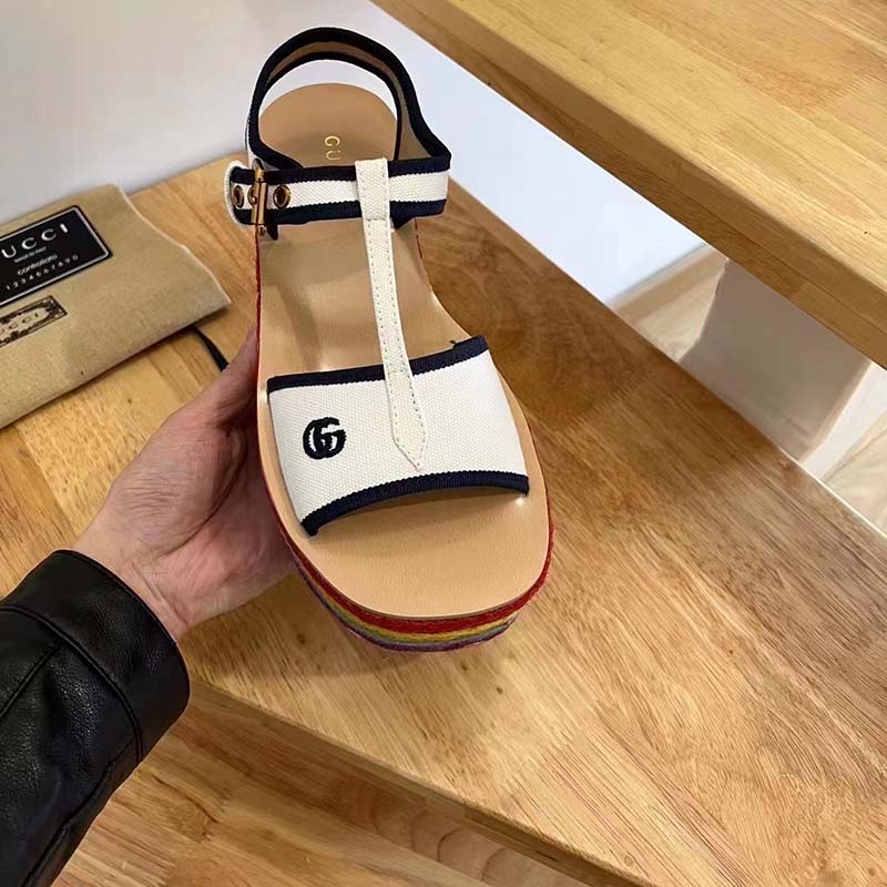Gucci Women GG Platform Sandals White Cotton Double G Embroidery 7 Cm Heel