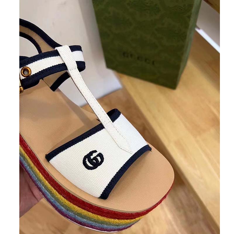 Gucci Women GG Platform Sandals White Cotton Double G Embroidery 7 Cm Heel