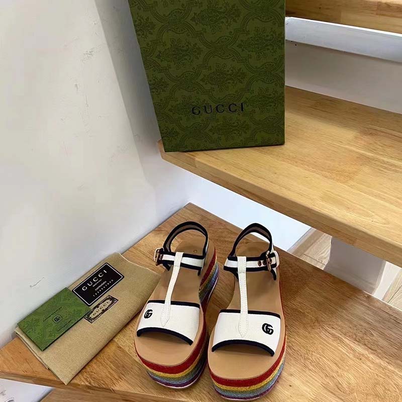 Gucci Women GG Platform Sandals White Cotton Double G Embroidery 7 Cm Heel