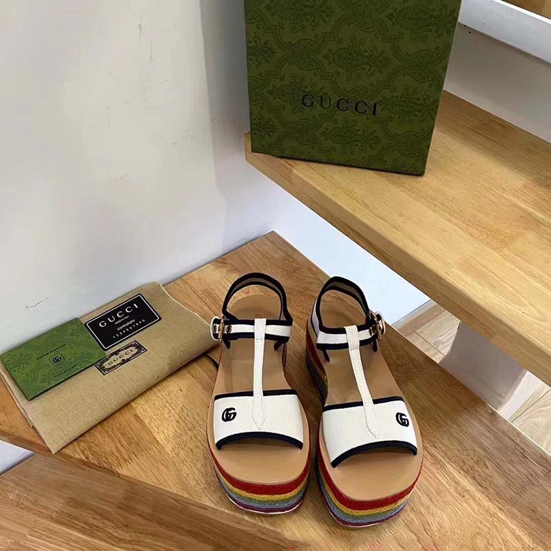 Gucci Women GG Platform Sandals White Cotton Double G Embroidery 7 Cm Heel