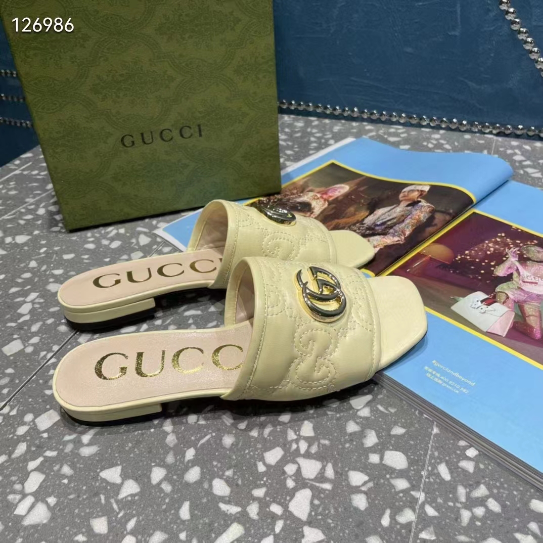 Gucci Women Matelassé Slide Sandal Beige GG Matelassé Leather Square Toe Flat