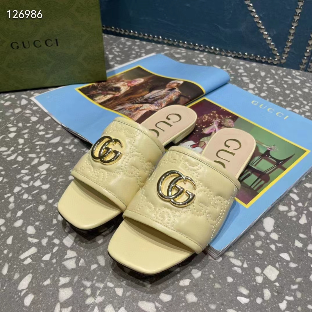 Gucci Women Matelassé Slide Sandal Beige GG Matelassé Leather Square Toe Flat