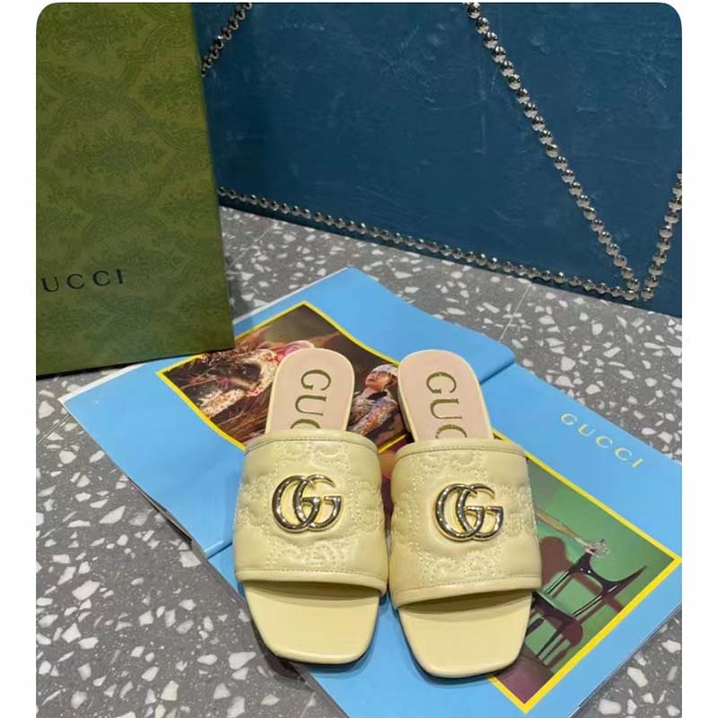Gucci Women Matelassé Slide Sandal Beige GG Matelassé Leather Square Toe Flat