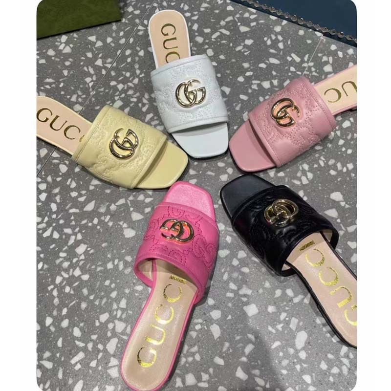 Gucci Women Matelassé Slide Sandal Beige GG Matelassé Leather Square Toe Flat