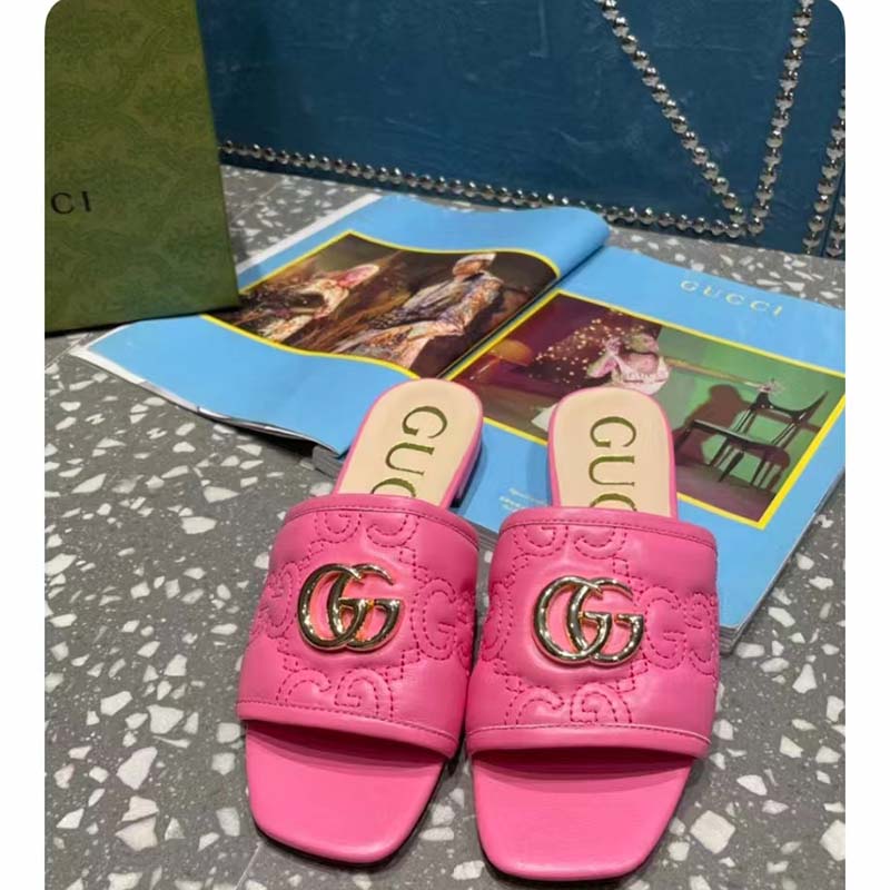 Gucci Women Matelassé Slide Sandal Pink GG Matelassé Leather Square Toe Flat