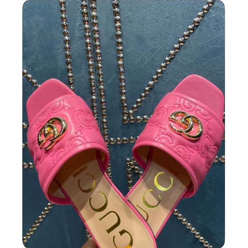 Gucci Women Matelassé Slide Sandal Pink GG Matelassé Leather Square Toe Flat
