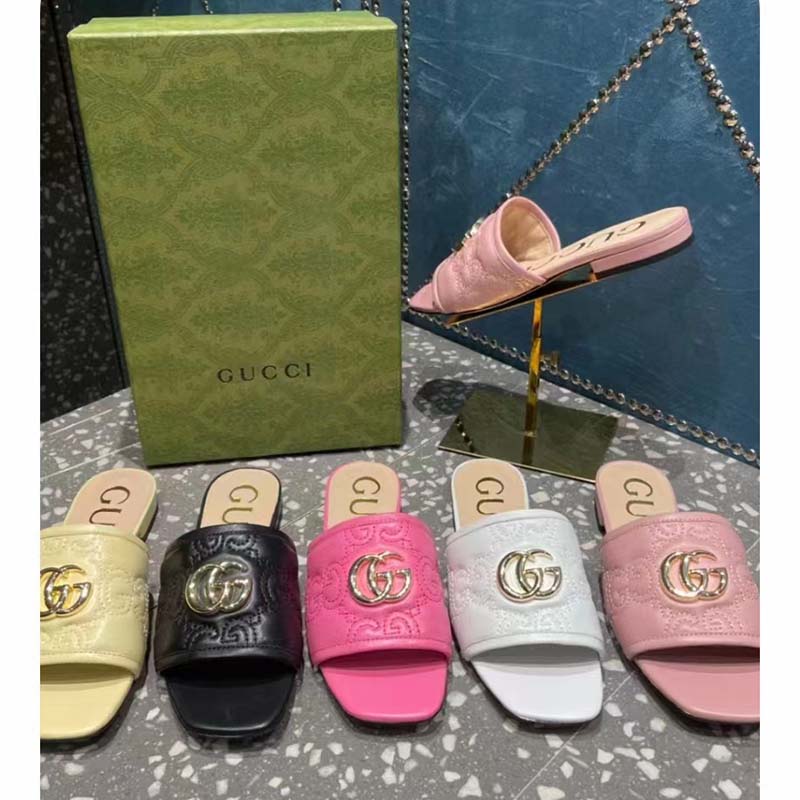 Gucci Women Matelassé Slide Sandal Beige GG Matelassé Leather Square Toe Flat