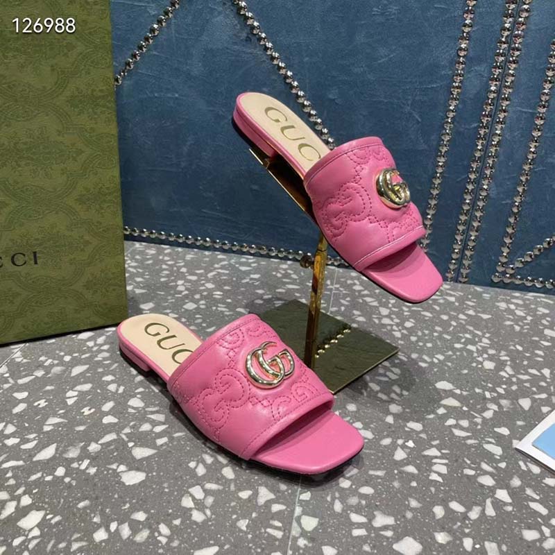Gucci Women Matelassé Slide Sandal Pink GG Matelassé Leather Square Toe Flat