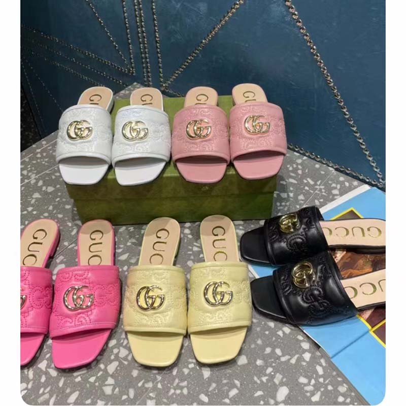 Gucci Women Matelassé Slide Sandal Beige GG Matelassé Leather Square Toe Flat