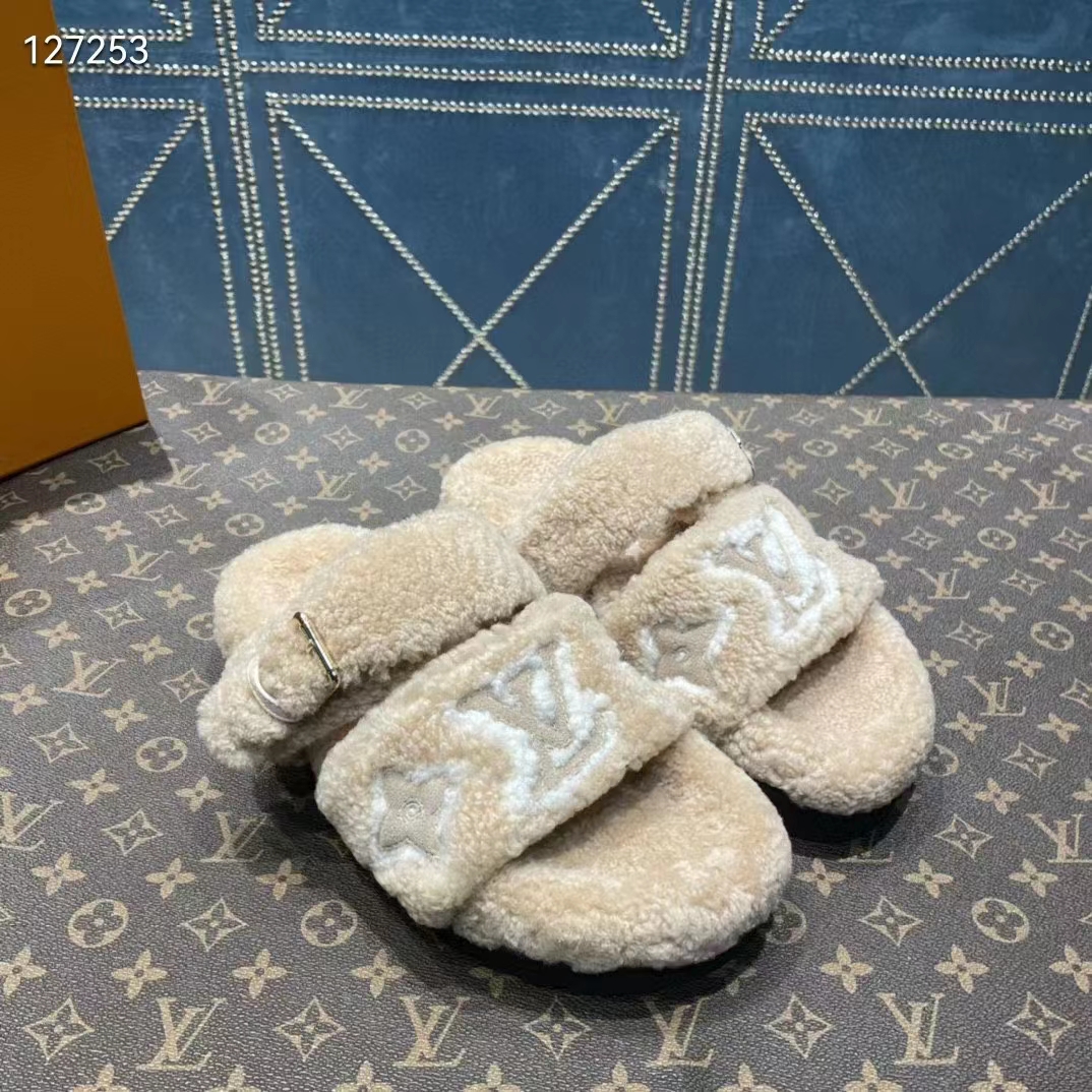 Louis Vuitton LV Unisex Paseo Flat Comfort Mule Beige Shearling Monogram Flowers