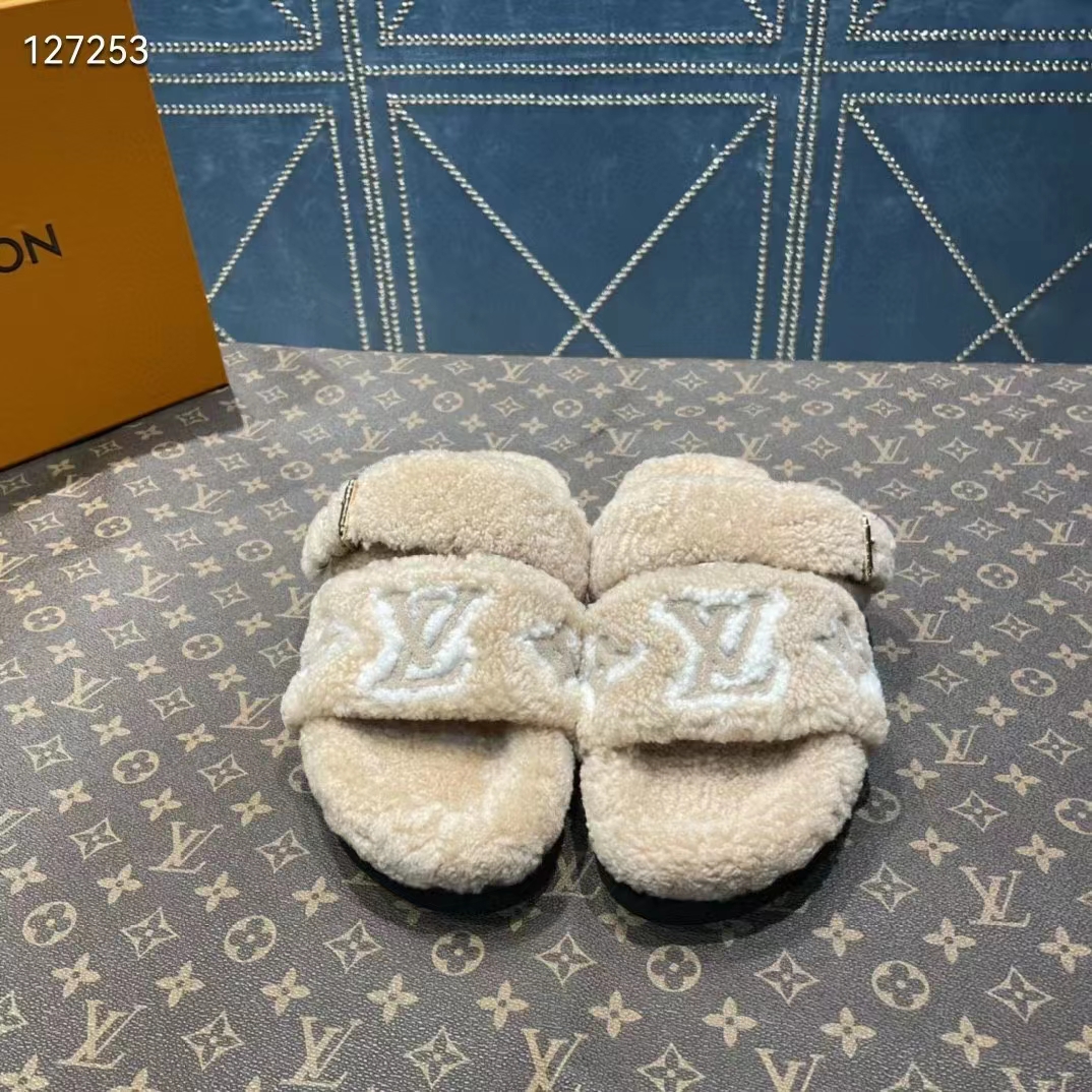 Louis Vuitton LV Unisex Paseo Flat Comfort Mule Beige Shearling Monogram Flowers