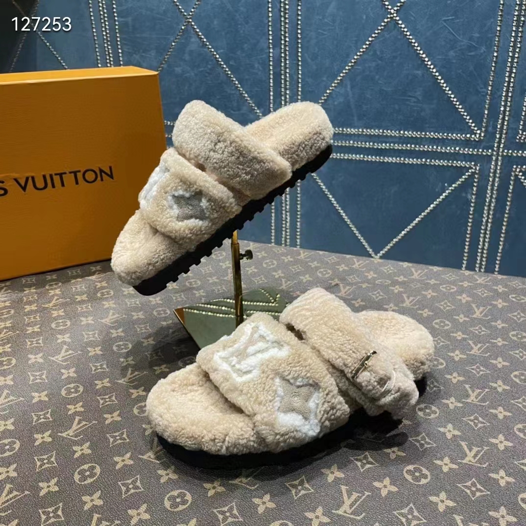 Louis Vuitton LV Unisex Paseo Flat Comfort Mule Beige Shearling Monogram Flowers