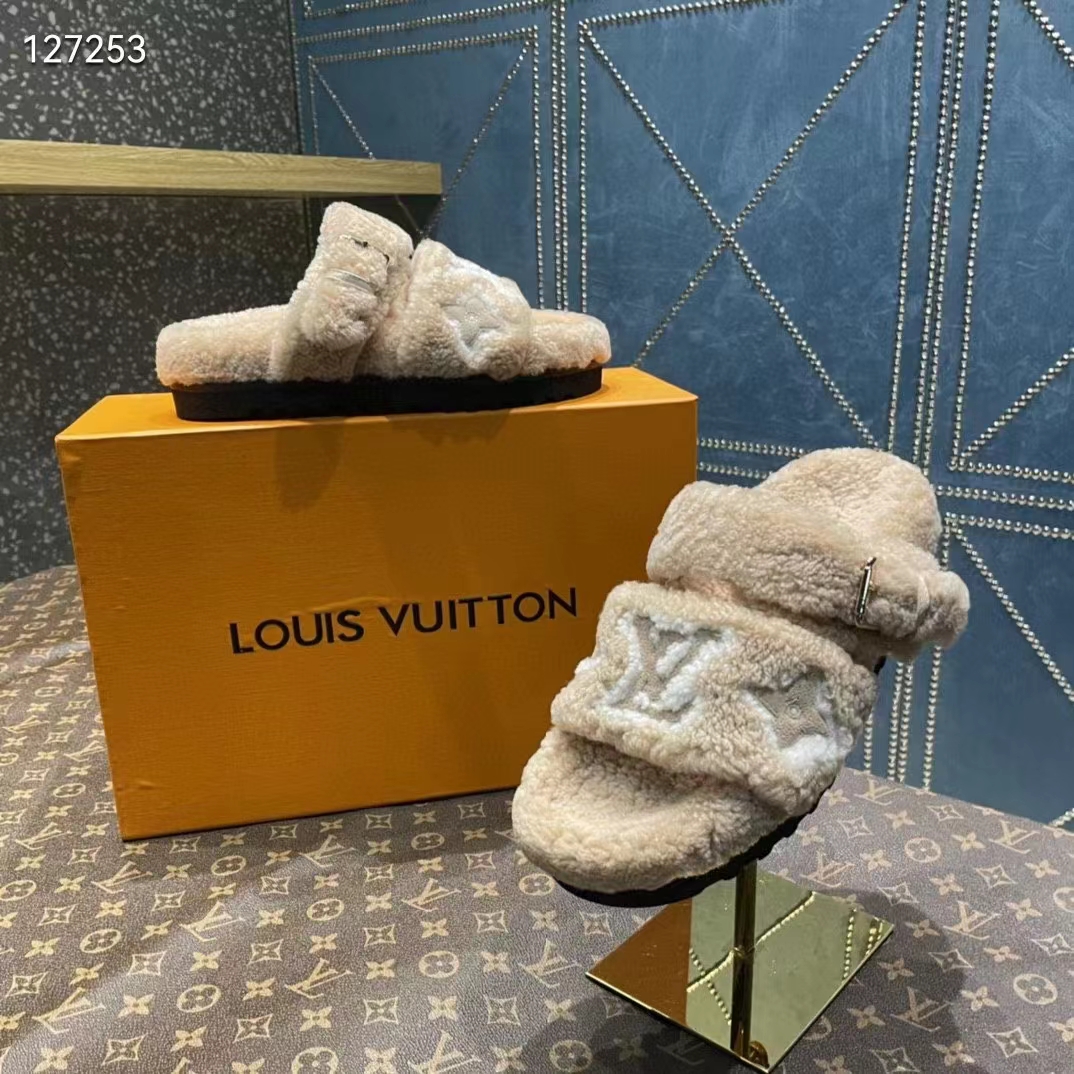 Louis Vuitton LV Unisex Paseo Flat Comfort Mule Beige Shearling Monogram Flowers